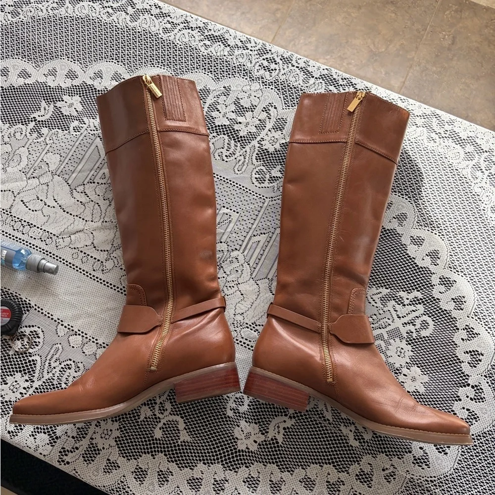 Michael Kors Chestnut Brown Leather Boots with Gold MK Accent